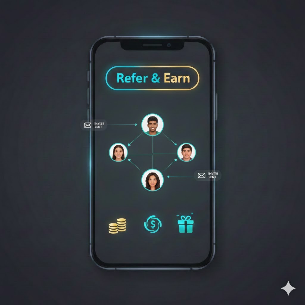 Referral system illustration showing network of connections and money flow